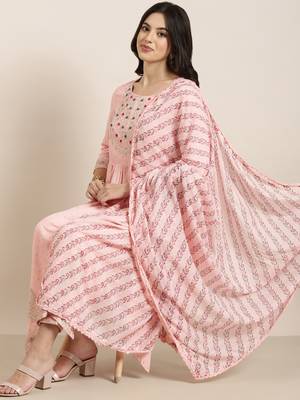 women's round neck chevron foil print pink straight kurta and trouser with dupatta 1