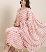 women's round neck chevron foil print pink straight kurta and trouser with dupatta