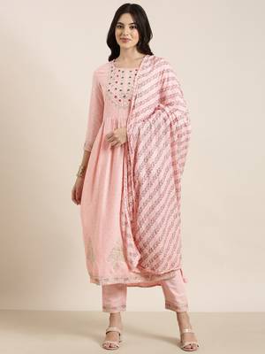 women's round neck chevron foil print pink straight kurta and trouser with dupatta 2