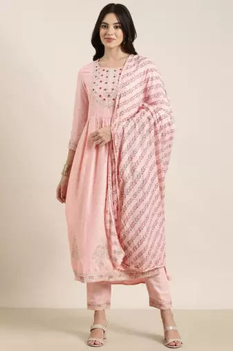 women's round neck chevron foil print pink straight kurta and trouser with dupatta