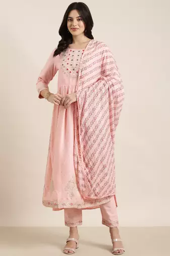 women's round neck chevron foil print pink straight kurta and trouser with dupatta