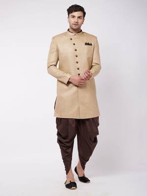 Beige And Coffee Brown Polyester Lurex Blend Sherwani Set 1