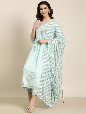women's round neck chevron foil print blue straight kurta and trouser with dupatta 1