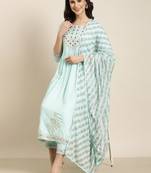 women's round neck chevron foil print blue straight kurta and trouser with dupatta