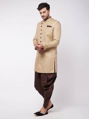 Beige And Coffee Brown Polyester Lurex Blend Sherwani Set 2