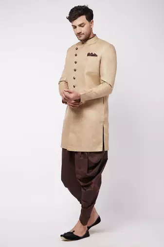 Beige And Coffee Brown Polyester Lurex Blend Sherwani Set