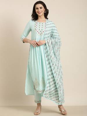 women's round neck chevron foil print blue straight kurta and trouser with dupatta 2