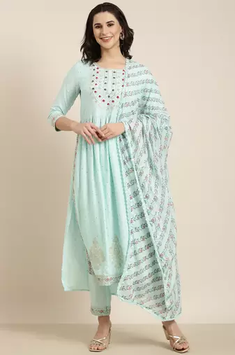 women's round neck chevron foil print blue straight kurta and trouser with dupatta