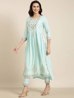 women's round neck chevron foil print blue straight kurta and trouser with dupatta 3