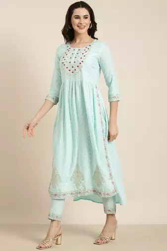 women's round neck chevron foil print blue straight kurta and trouser with dupatta