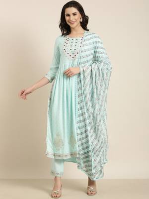 women's round neck chevron foil print blue straight kurta and trouser with dupatta 4