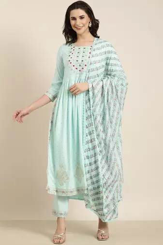 women's round neck chevron foil print blue straight kurta and trouser with dupatta