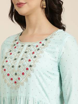 women's round neck chevron foil print blue straight kurta and trouser with dupatta 5
