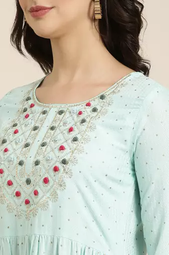 women's round neck chevron foil print blue straight kurta and trouser with dupatta