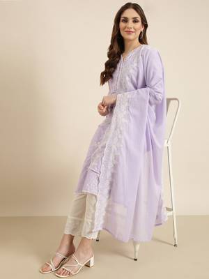 women's v-neck floral lavender straight kurta and trouser with dupatta 1