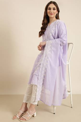 women's v-neck floral lavender straight kurta and trouser with dupatta
