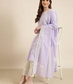 women's v-neck floral lavender straight kurta and trouser with dupatta