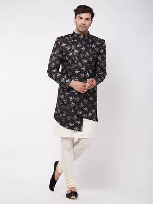 Black And Cream Polyester Lurex Blend Sherwani Set 1