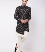 Black And Cream Polyester Lurex Blend Sherwani Set