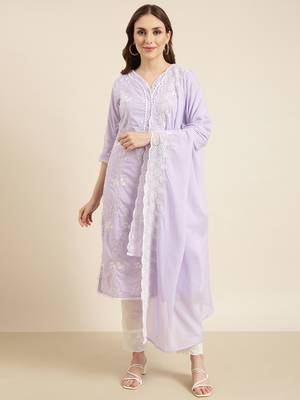 women's v-neck floral lavender straight kurta and trouser with dupatta 2