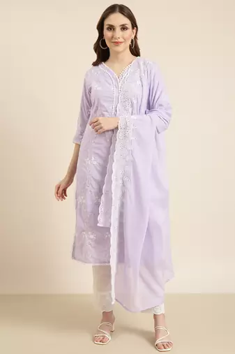 women's v-neck floral lavender straight kurta and trouser with dupatta