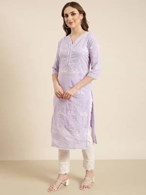 women's v-neck floral lavender straight kurta and trouser with dupatta 3