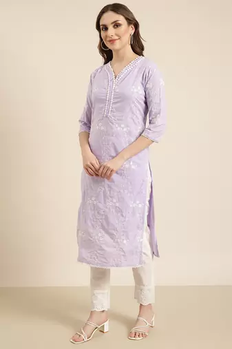 women's v-neck floral lavender straight kurta and trouser with dupatta
