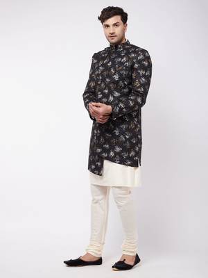 Black And Cream Polyester Lurex Blend Sherwani Set 2