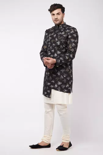 Black And Cream Polyester Lurex Blend Sherwani Set