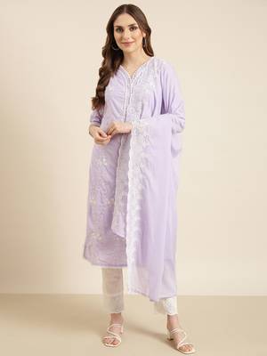women's v-neck floral lavender straight kurta and trouser with dupatta 4