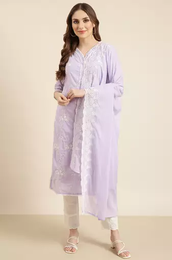 women's v-neck floral lavender straight kurta and trouser with dupatta
