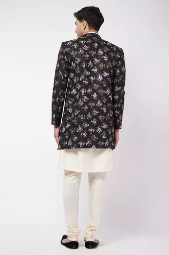 Black And Cream Polyester Lurex Blend Sherwani Set