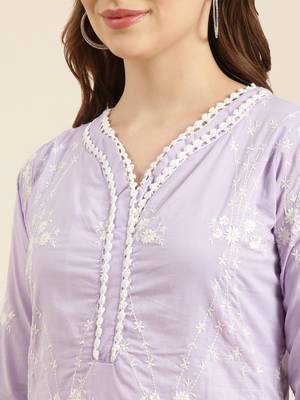 women's v-neck floral lavender straight kurta and trouser with dupatta 5
