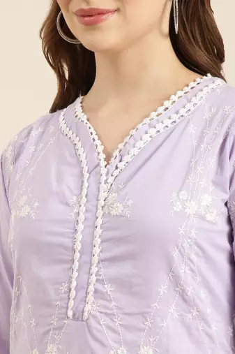women's v-neck floral lavender straight kurta and trouser with dupatta