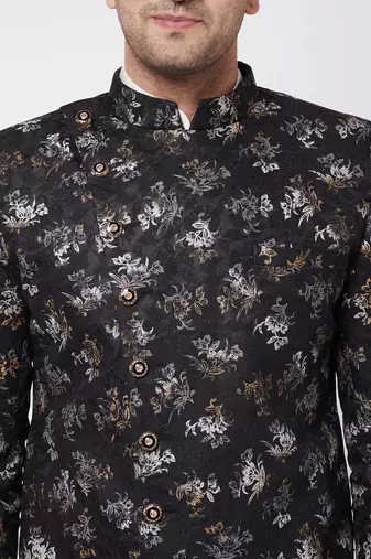 Black And Cream Polyester Lurex Blend Sherwani Set