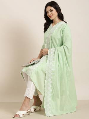 women's v-neck floral green straight kurta and trouser with dupatta 1