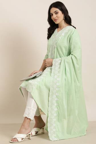 women's v-neck floral green straight kurta and trouser with dupatta