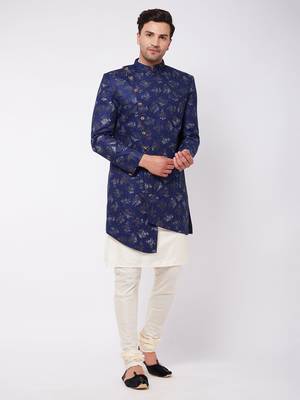 Blue And Cream Polyester Lurex Blend Sherwani Set 1