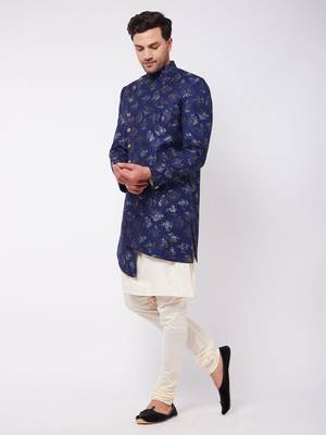 Blue And Cream Polyester Lurex Blend Sherwani Set 2