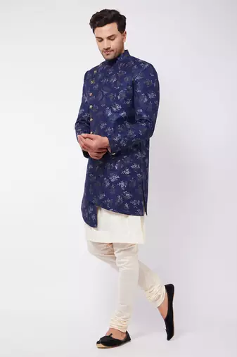 Blue And Cream Polyester Lurex Blend Sherwani Set