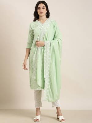 women's v-neck floral green straight kurta and trouser with dupatta 2