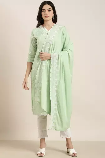 women's v-neck floral green straight kurta and trouser with dupatta