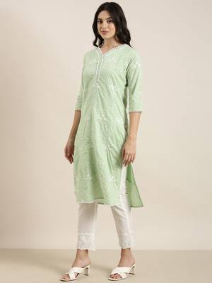 women's v-neck floral green straight kurta and trouser with dupatta 3