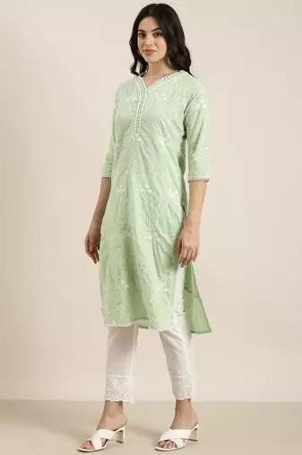 women's v-neck floral green straight kurta and trouser with dupatta