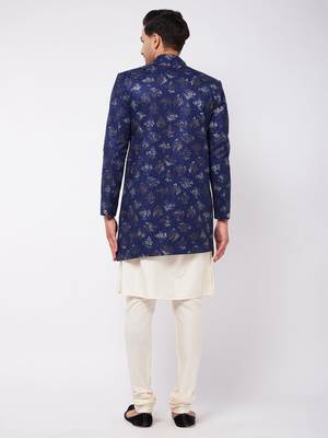 Blue And Cream Polyester Lurex Blend Sherwani Set 3