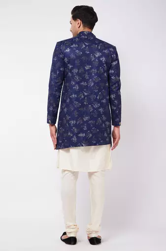 Blue And Cream Polyester Lurex Blend Sherwani Set