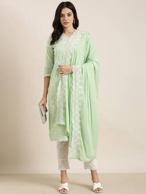 women's v-neck floral green straight kurta and trouser with dupatta 4