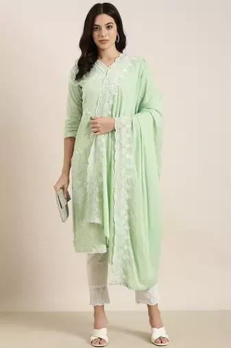 women's v-neck floral green straight kurta and trouser with dupatta