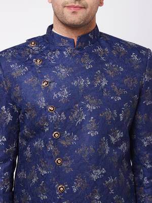 Blue And Cream Polyester Lurex Blend Sherwani Set 4