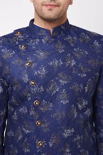 Blue And Cream Polyester Lurex Blend Sherwani Set